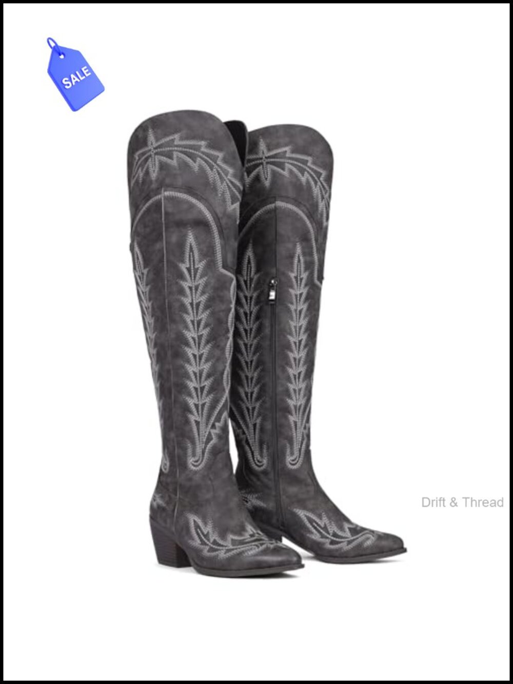 Embroidered Wide Calf Over the Knee Western Boots Pointed Toe Block Heel Zip
